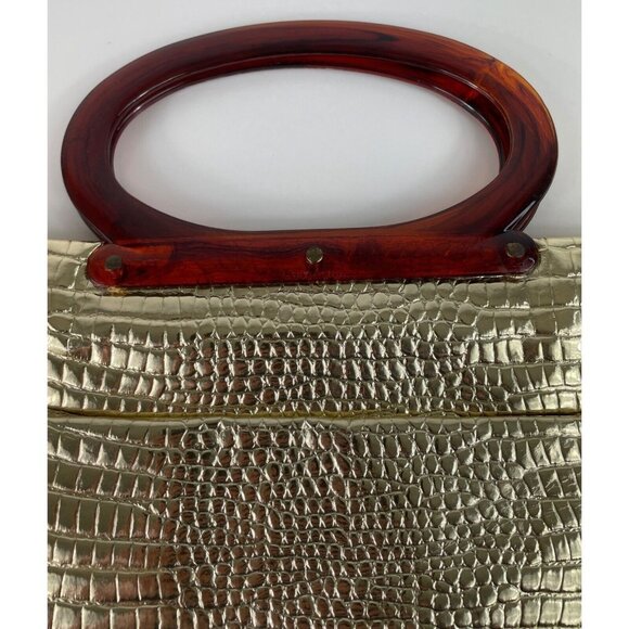 Vintage Gold Embossed Faux Alligator Lucite Handles Purse Folding Tote Bag - Picture 3 of 12